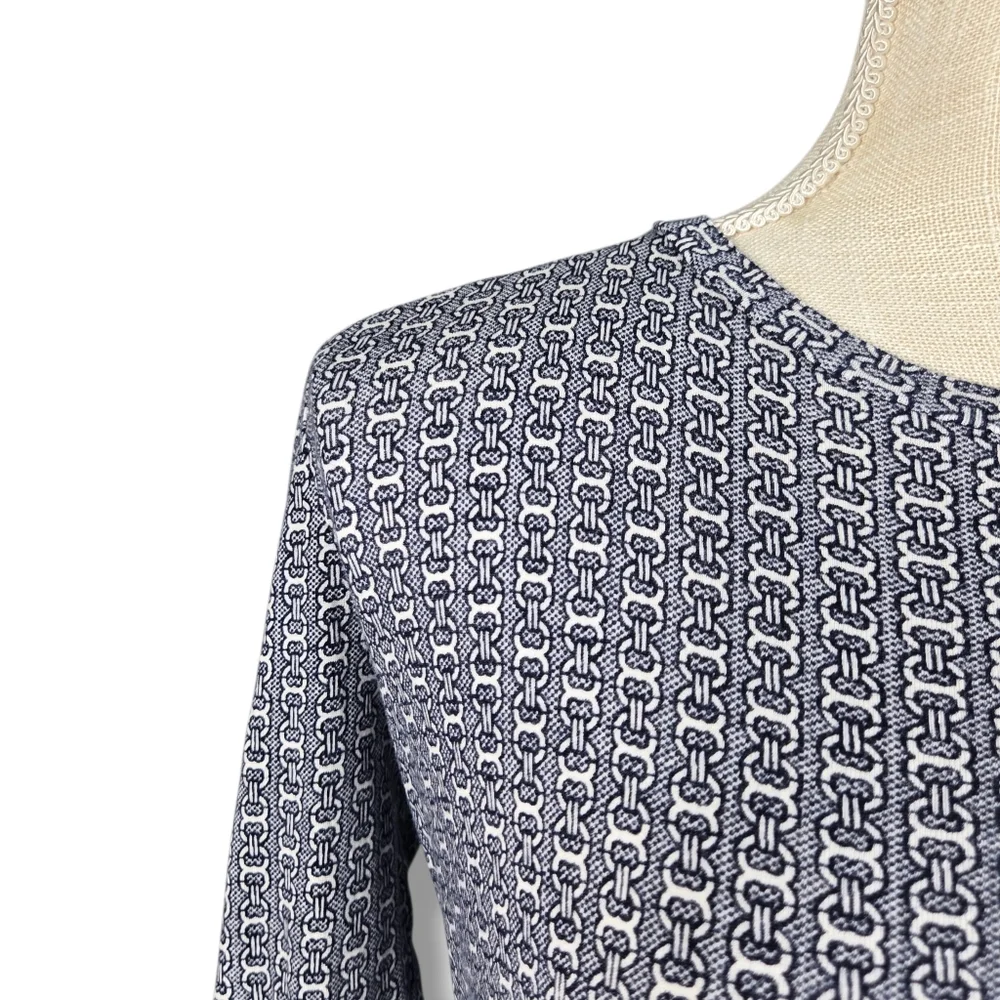 Tory Burch Knit Top Small Navy White Link Print T-shirt Red Metal Logo Womens